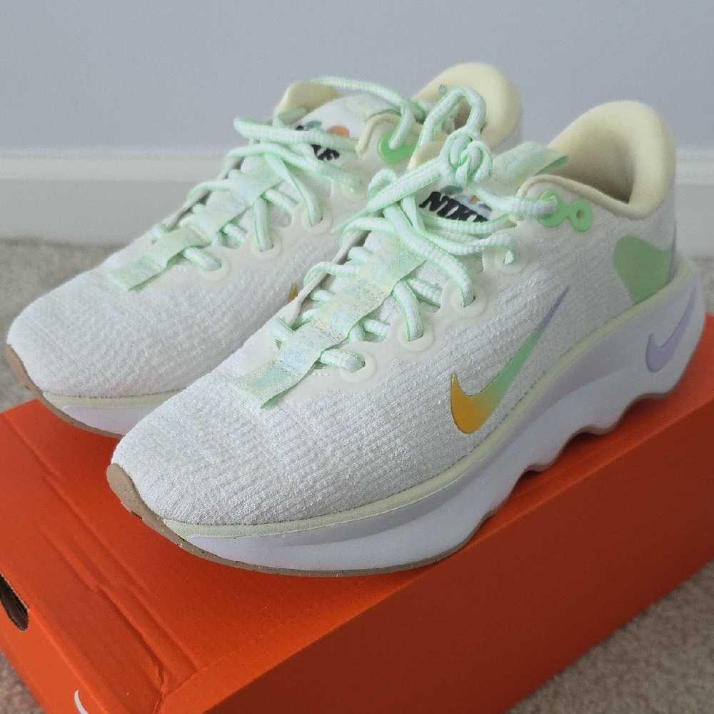 Nike Womens Motiva White Sneakers with Green and Purple Accents